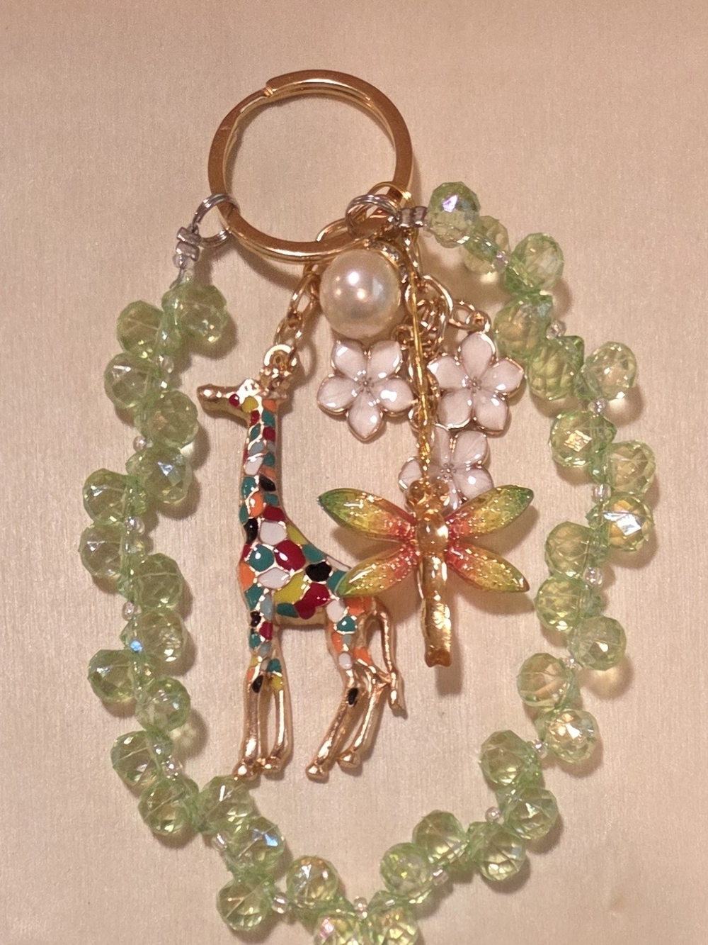 Whimsical Enameled Giraffe Dragonfly Bag Charm Keychain Green Beaded Wristlet - Picture 1 of 16